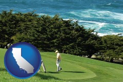 california map icon and two golfers on the green at an oceanside golf course