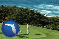 florida map icon and two golfers on the green at an oceanside golf course
