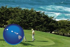 hawaii map icon and two golfers on the green at an oceanside golf course