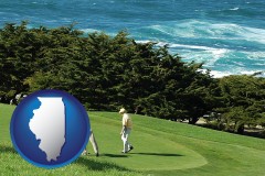 illinois map icon and two golfers on the green at an oceanside golf course