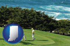 indiana map icon and two golfers on the green at an oceanside golf course