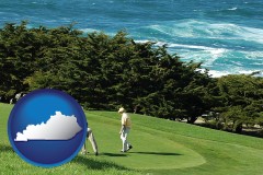 kentucky map icon and two golfers on the green at an oceanside golf course