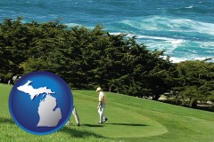michigan map icon and two golfers on the green at an oceanside golf course