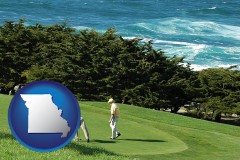 missouri map icon and two golfers on the green at an oceanside golf course