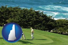 new-hampshire map icon and two golfers on the green at an oceanside golf course