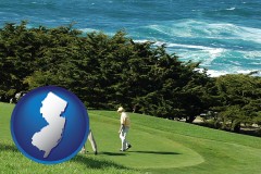 new-jersey map icon and two golfers on the green at an oceanside golf course
