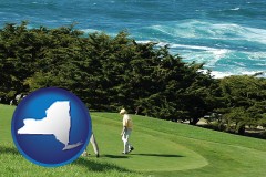 new-york map icon and two golfers on the green at an oceanside golf course