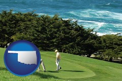 oklahoma map icon and two golfers on the green at an oceanside golf course