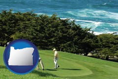 oregon map icon and two golfers on the green at an oceanside golf course