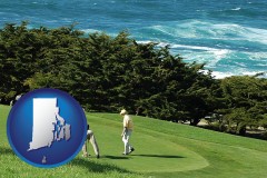 rhode-island map icon and two golfers on the green at an oceanside golf course