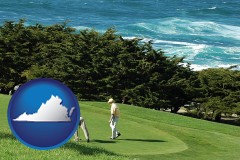 virginia map icon and two golfers on the green at an oceanside golf course