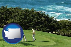washington map icon and two golfers on the green at an oceanside golf course