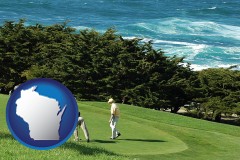wisconsin map icon and two golfers on the green at an oceanside golf course