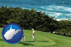 west-virginia map icon and two golfers on the green at an oceanside golf course