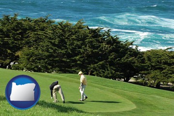 two golfers on the green at an oceanside golf course - with Oregon icon